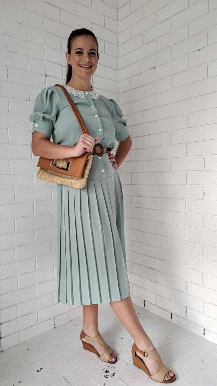 Vintage Dress Green with Lace Collar -1950's