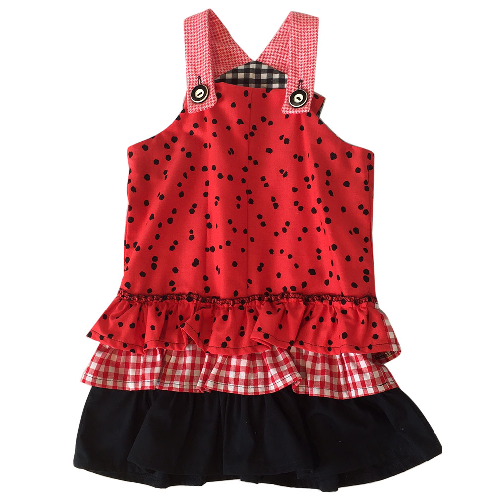 Size 2 Girls Red Black Check Cotton Summer Dress Overall with three bottom frills