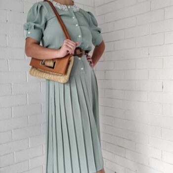 Vintage Dress Green with Lace Collar -1950's