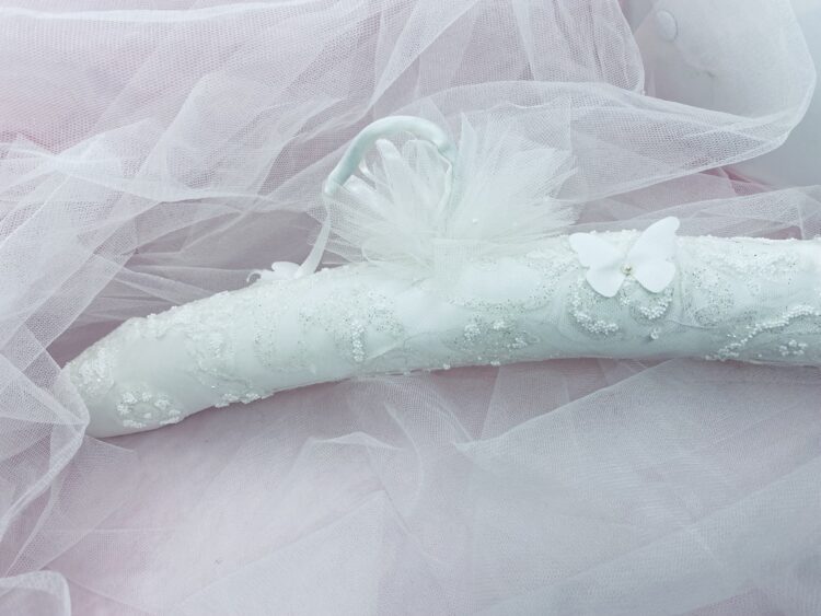 white lace embossed wedding dress hanger
